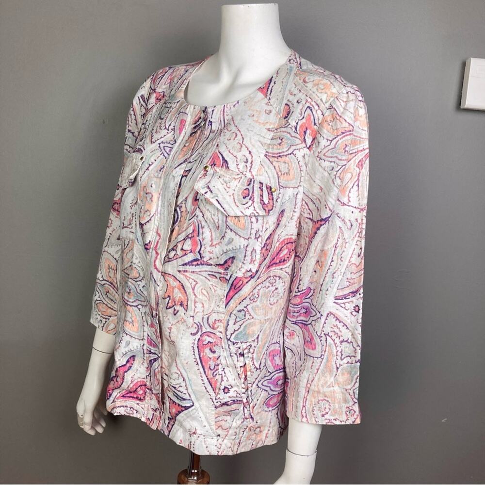 Chico's jacket large linen white pastel pattern print comfortable summer office